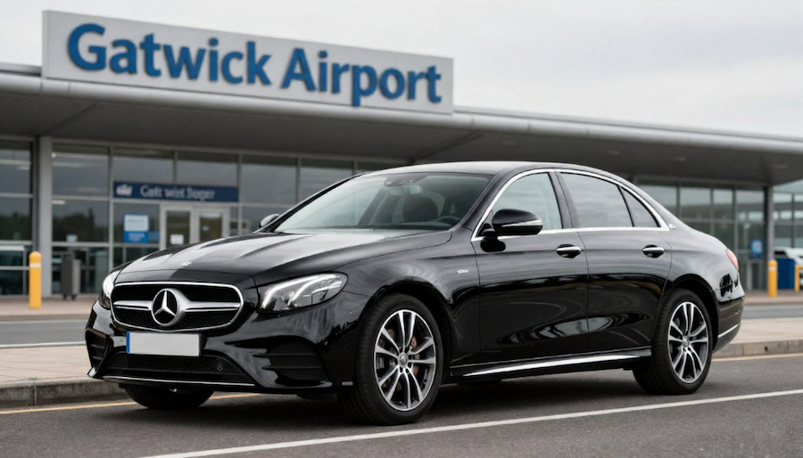 Airport Transfer Service Gatwick - Professional black executive car parked outside Gatwick Airport terminal for airport transfer service