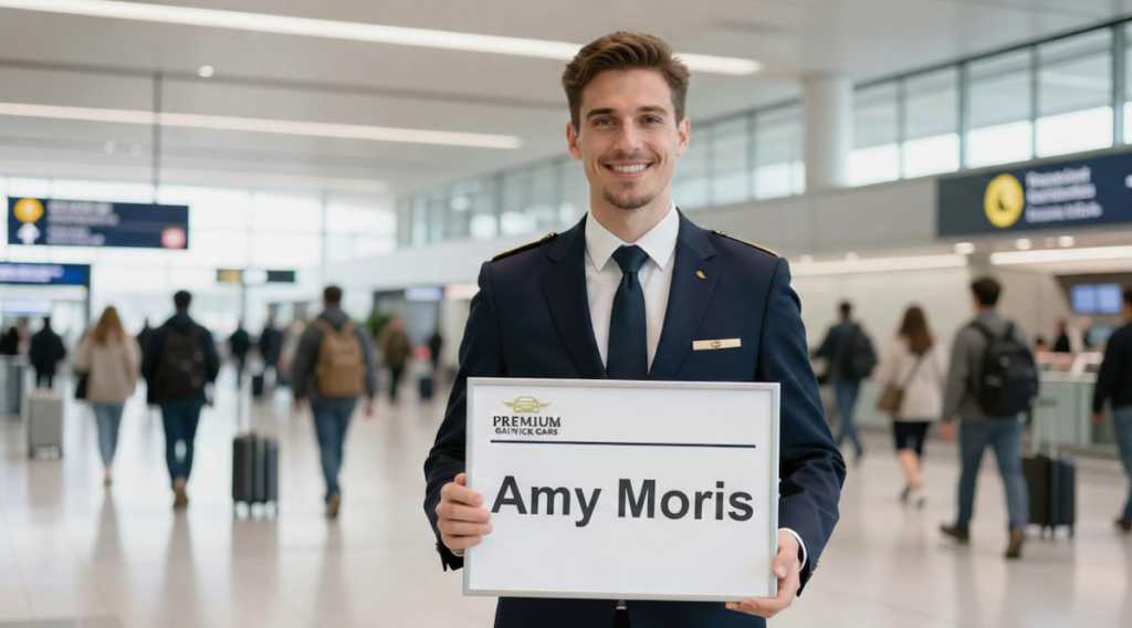 Driver holding name board meeting passengers at Gatwick Airport arrivals hall