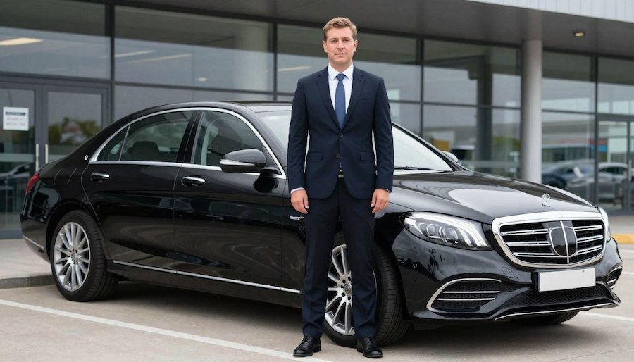 Professional driver standing next to executive car for Gatwick Airport Transfer Service